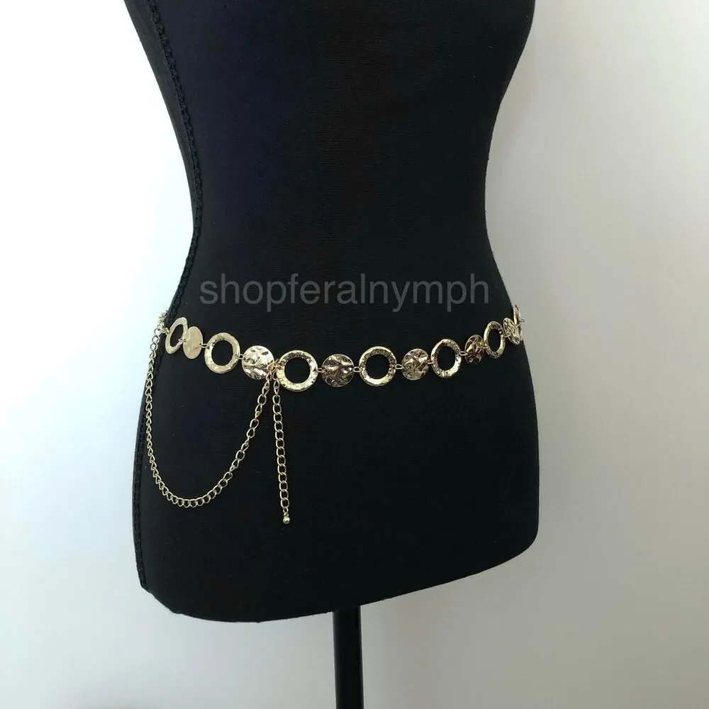 Y2K Boho Gold Hammered Coin Circle Chain Belt, Fits 20-44 Inches, X7GA1152